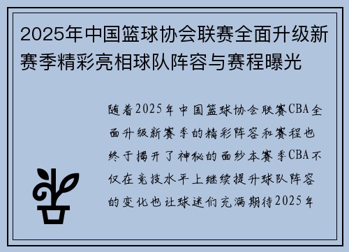 2025年中国篮球协会联赛全面升级新赛季精彩亮相球队阵容与赛程曝光