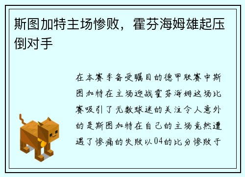 斯图加特主场惨败，霍芬海姆雄起压倒对手